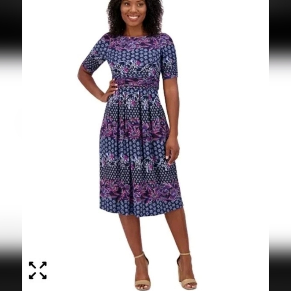 $139 Jessica Howard Dress Sz 16 Plus Elbow-Sleeve Gathered-Waist Stretchy New